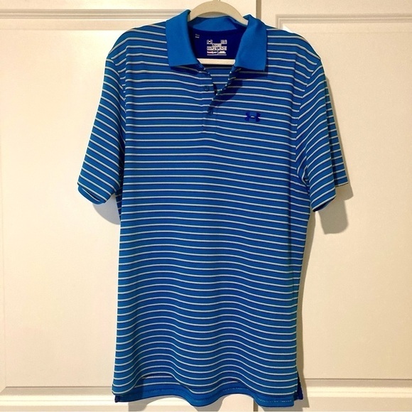 Under Armour Loose Heatgear Striped Short Sleeve Tech Performance Polo Size Lrg - Picture 1 of 9